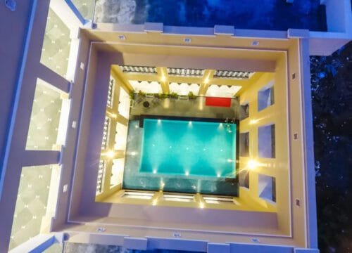 Wide aerial shot of Swimming Pool boutique hotel — one of the best hotels in Udaipur near Lake Pichola, Rajasthan