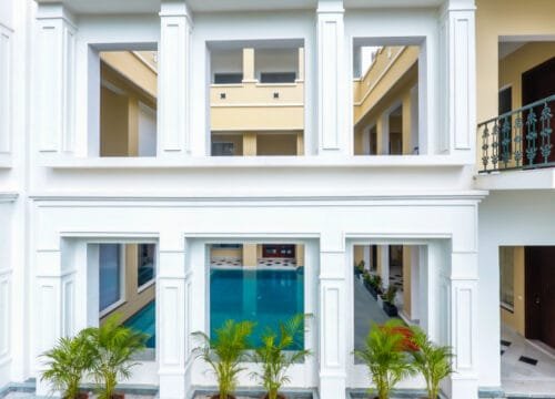 Drone view of Chez Lavania rooftop and pool — hotels in Udaipur near Lake Pichola from above